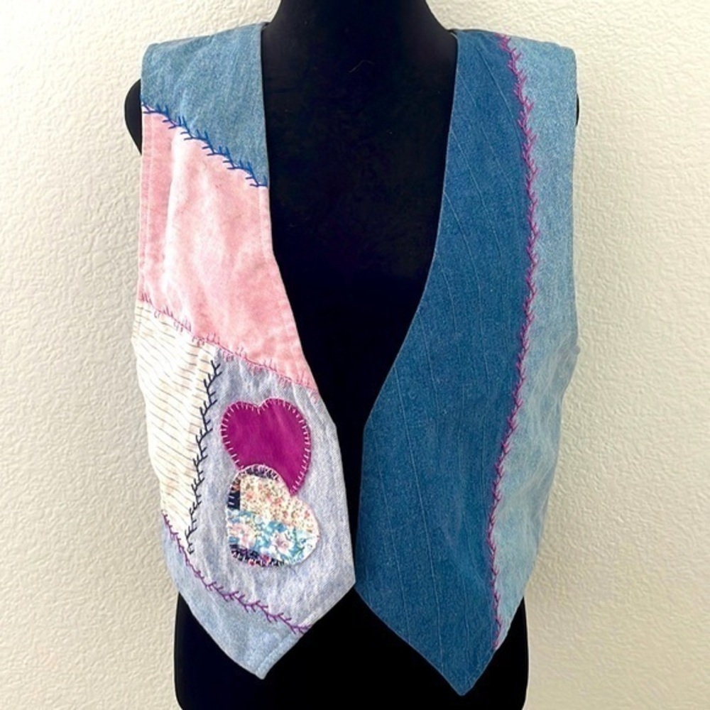 Vintage Handmade Reversible Denim Hearts and Stripes Vest 0068